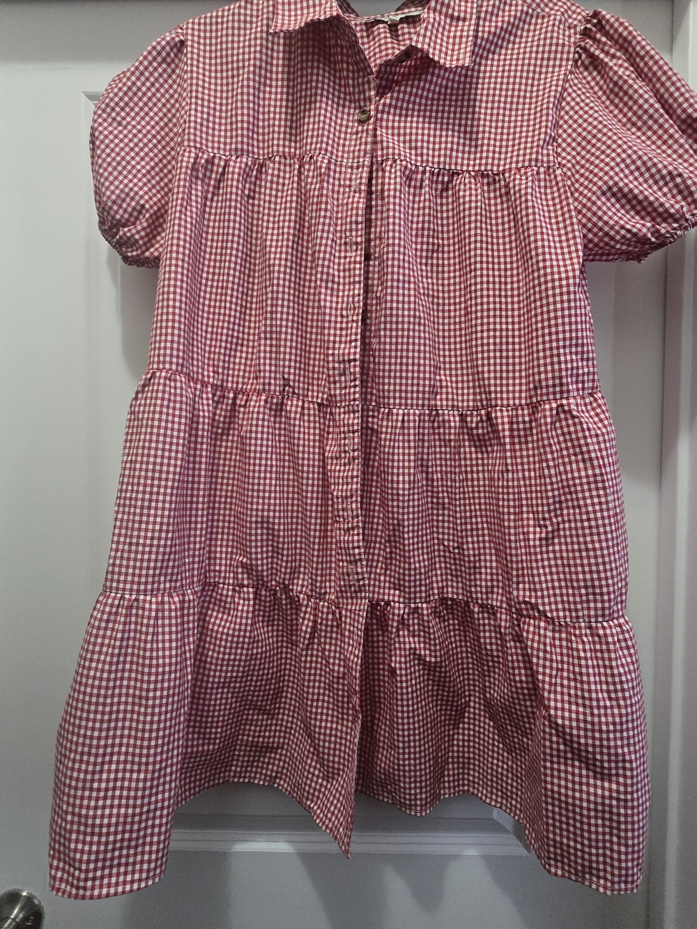 Red Gingham Tiered Button-Front Mini Dress
